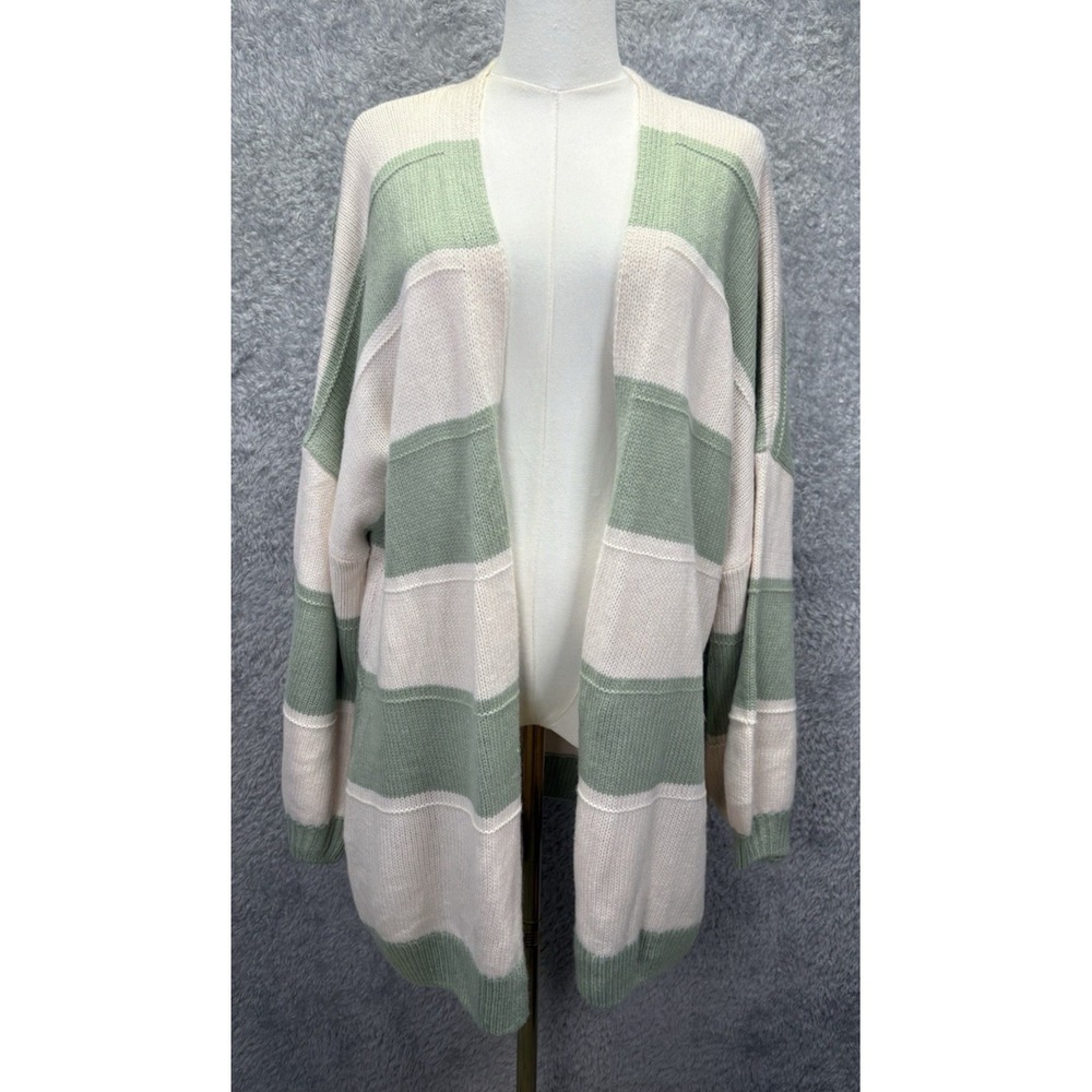 Maverick The Collection Womens M Green Cream Striped Long Cardigan Sweater